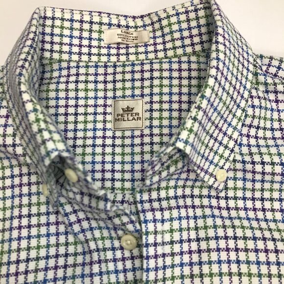 Peter Millar Men Large 100% Cotton White Multi-Color Plaid Shirt - Picture 3 of 6